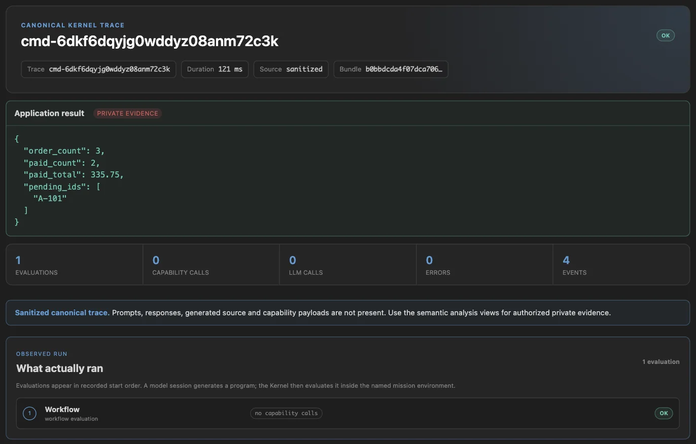 PtcRunner Viewer showing a successful deterministic run of the orders tutorial:
              the run summary with its duration and bundle, the JSON result, and counters for
              evaluations, capability calls, model calls, errors, and events.